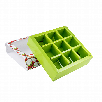 Коробка с обечайкой для 9 конфет с разделителями "Санта и Снеговик" с окном